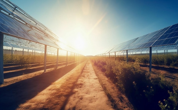 A solar panel in a field with the sun shining on the horizon