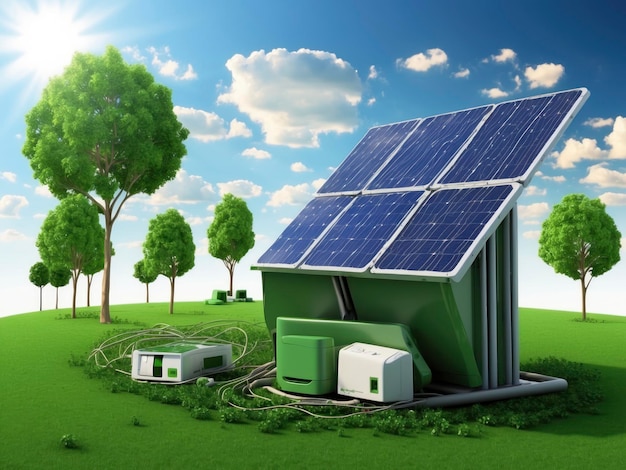 a solar panel and a generator in a field with trees and grass