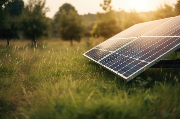 Solar panel in a green field under a bright blue sky Generative AI