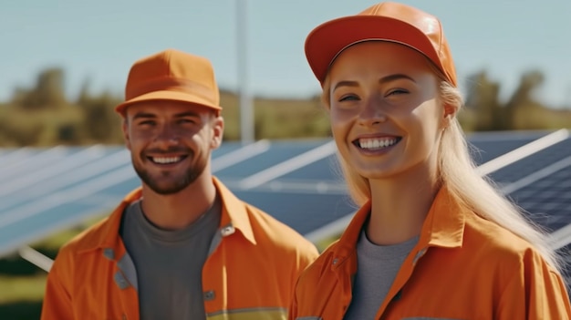 주황색 모자와 안전화를 신은 두 명의 행복한 전기 엔지니어가 태양광 패널 설치를 둘러보고 있습니다. Generative AI