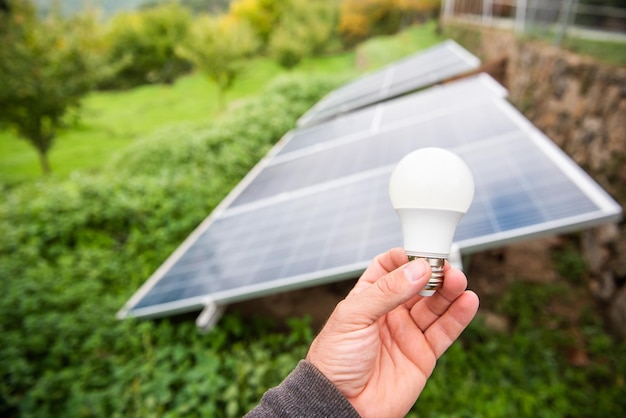 Solar panel installed in the garden of a house on a cloudy day\
generating clean energy