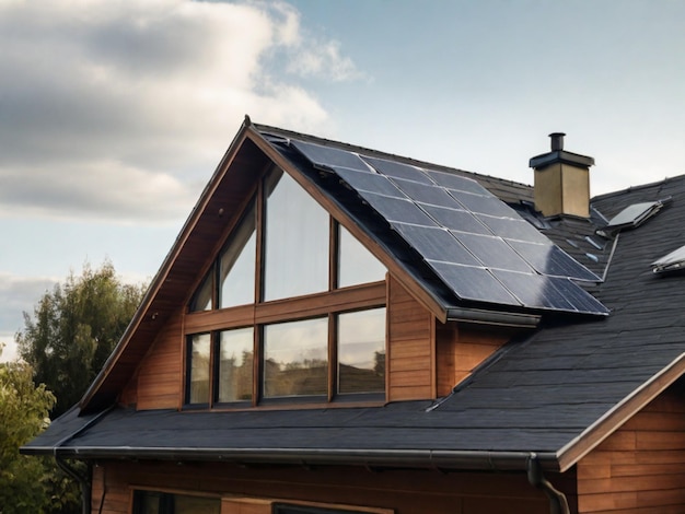 Солнечная панель, установленная на наклонной крыше энергоэффективного дома с окном на чердаке