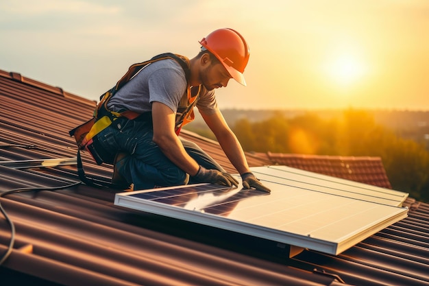 Premium AI Image Solar Panel Installer Working In A Roof premium-ai-image-solar-panel-installer-working-in-a-roof