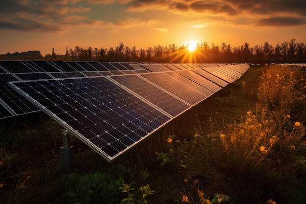 A solar panel is in a field with the sun setting behind it.