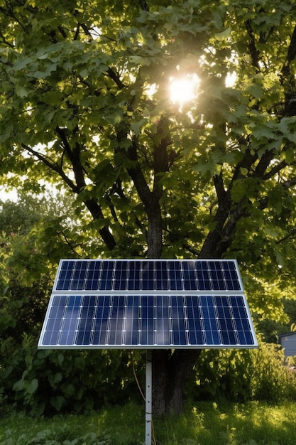 A solar panel is hanging over a tree in a yard.