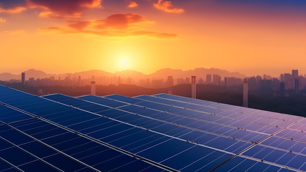 A solar panel is shown on a background of a cityscape.