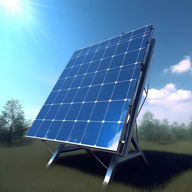 A solar panel is on a stand in a field.