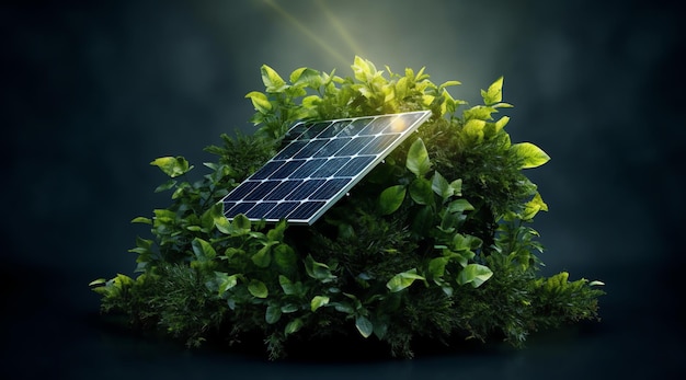 A solar panel is surrounded by green plants.