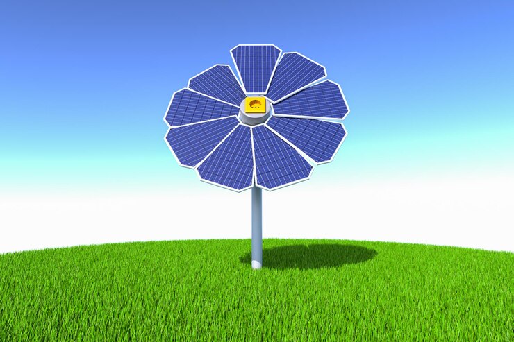 ソケット付きの花の形をした芝生のソーラーパネル。太陽光発電、代替電源。グリーンエネルギー。 3Dレンダリング。