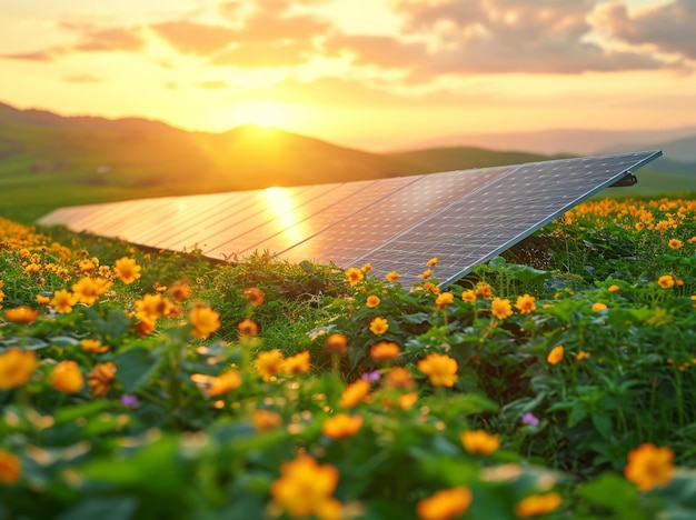 茂った緑の畑の太陽電池パネルが再生可能エネルギーを生成する