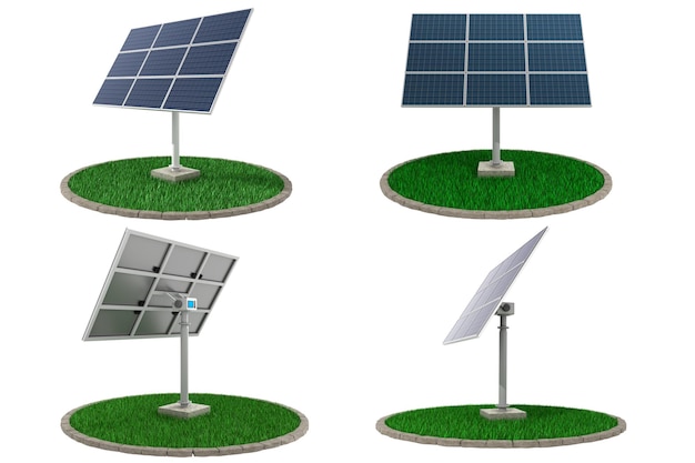 흰색 배경에 기둥에 태양 전지 패널 태양광 대체 전기 소스 녹색 에너지 3d 렌더링