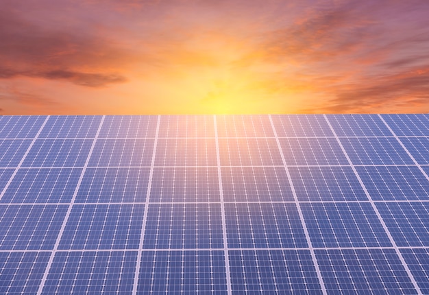 写真 カラフルな空の背景と日光、代替エネルギーの概念上の太陽電池パネル