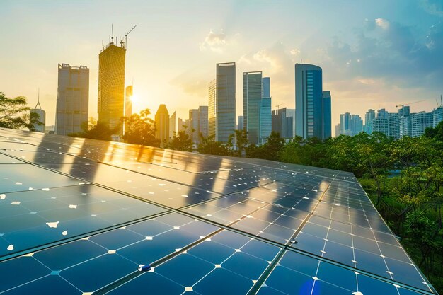 A solar panel positioned in front of a modern city skyline with towering skyscrapers