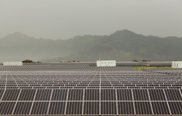 Solar panel power station on cloudy day