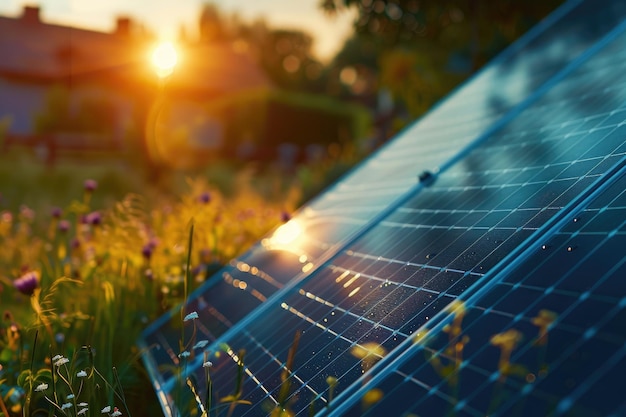 Photo solar panel produces green environmentally friendly energy from the sun