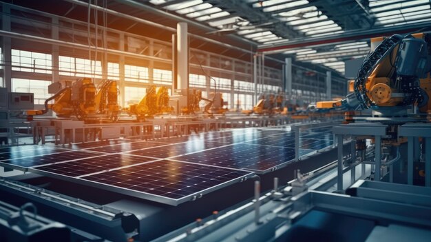 Photo solar panel production line with advanced robot arm in modern factory