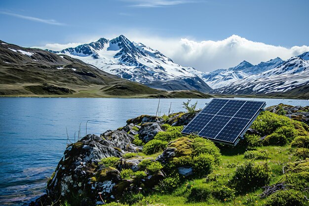 Photo a solar panel on a rocky hillside overlooking a lake generative ai