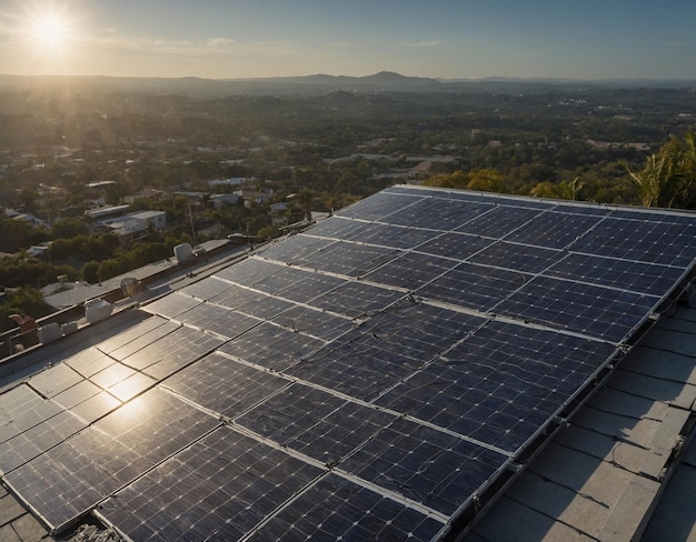 a solar panel on a roof with the sun shining through it