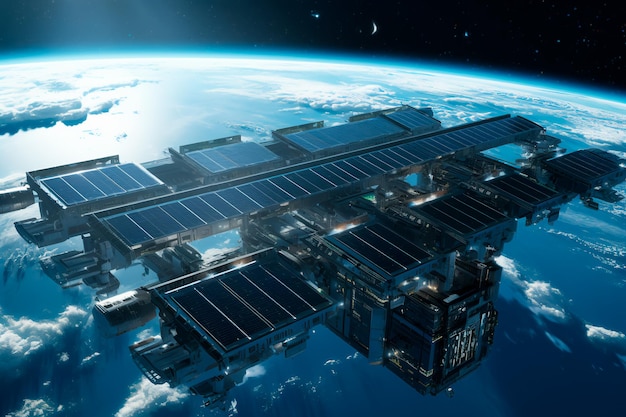 Solar panel satellite in space on the background of the planet Earth Clean electricity AI Generate