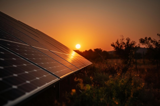 A solar panel sits on a farm in front of a sunset.