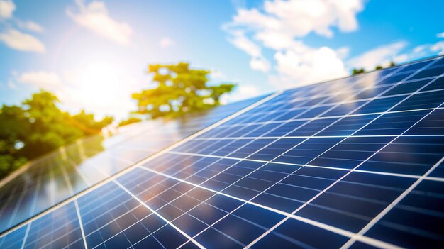 Solar panel stands in the foreground with rows of trees in the background