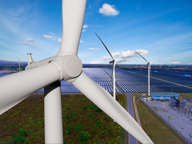 Solar panel and wind turbine farm clean energy.