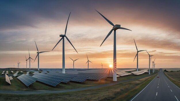 Solar panel and wind turbine in a field