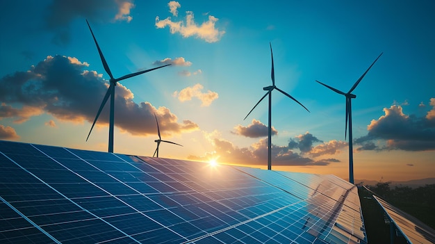 A solar panel and wind turbines at sunset with the sun shining through the clouds and the sun