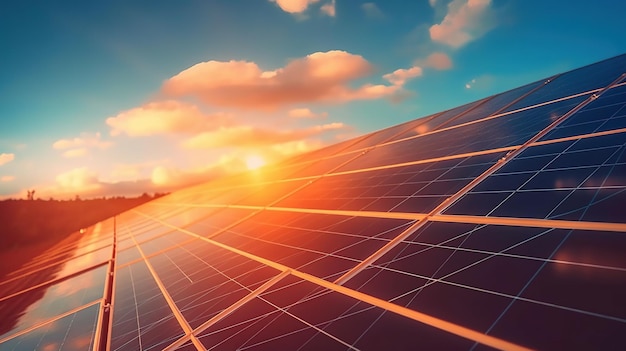 Solar panel with blue sky and sunset