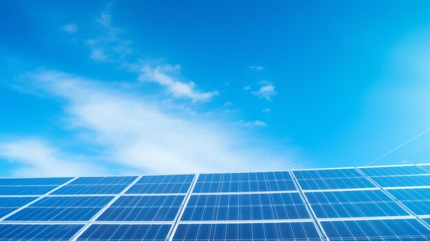 Photo solar panel with bright blue sky and white cloud renewable energy concept