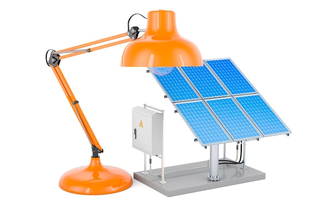 Solar panel with desk lamp 3D rendering