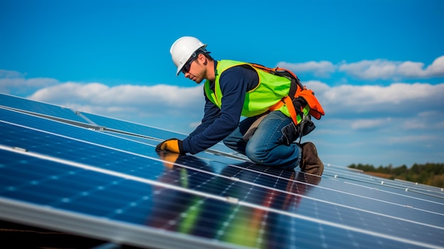 solar panel with man working on the roof of the house