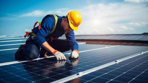 solar panel with man working on the roof of the house