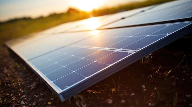 Solar panel with reflection of the hot sun in the field on earth sustainable energy concept