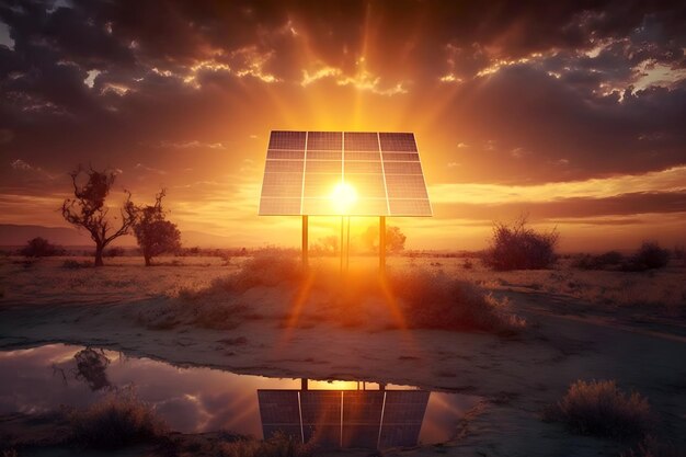 A solar panel with the sun setting behind it