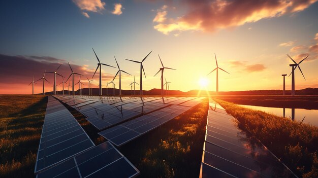 Foto pannello solare con turbina e tramonto sfondo cielo blu concetto di energia pulita