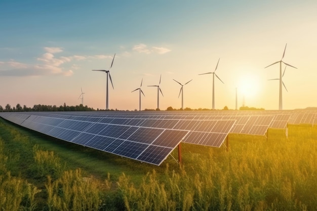 Solar panel with wind turbine and blue sky background