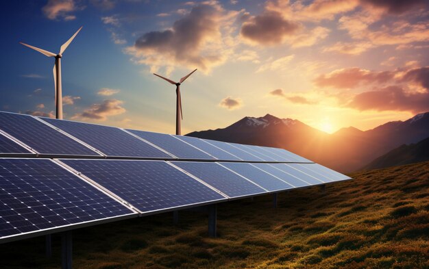 Solar panel with wind turbines against mountains and sky