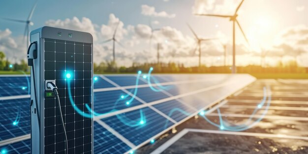 Solar Panel With Wind Turbines in Background