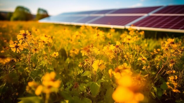 A solar panel with yellow flowers in the foreground and a blue sky in the background.