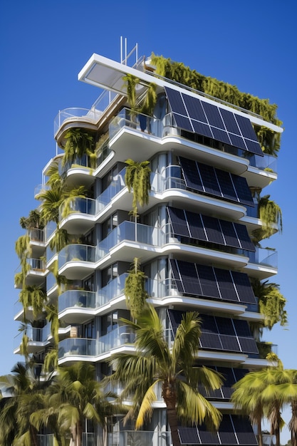 ソーラーパネルで装飾された高層ビル 緑のテラスを組み込んで エコラックスデザインを生み出します