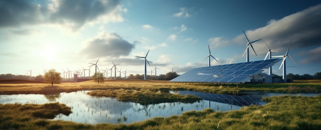 Photo solar panelling and windmills in a field