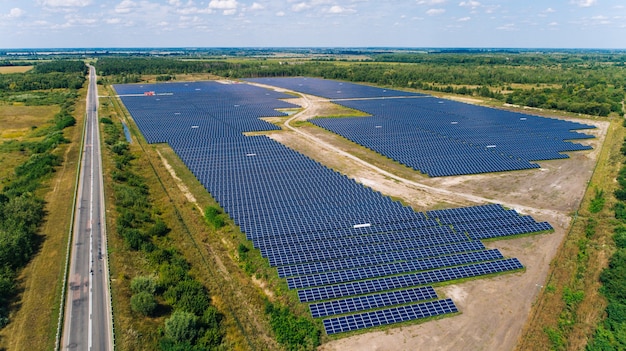 Solar panels in aerial view. Solar panels system power generators from sun