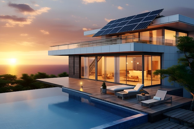 Solar panels against the background of sunset alternative sources of energy on the roof of the house