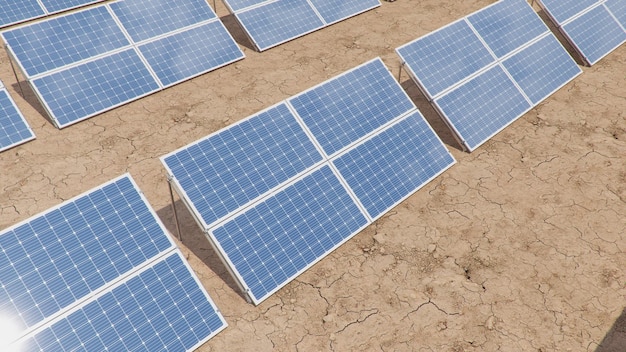 태양 전지 패널. 대체 에너지. 재생 에너지 개념입니다. 생태적, 청정 에너지. 아름다운 푸른 하늘의 반사와 태양광 태양 전지 패널. 사막에서 태양 전지 패널입니다. 3D 일러스트레이션