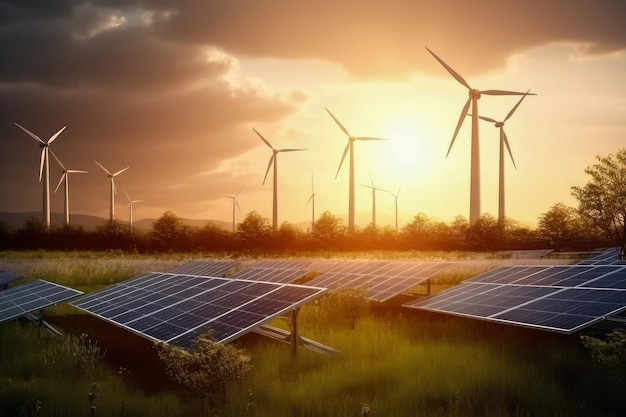 写真 日没時の太陽電池パネルと風力タービンの再生可能エネルギーとグリーン エネルギーのコンセプト発電 ai テクノロジー