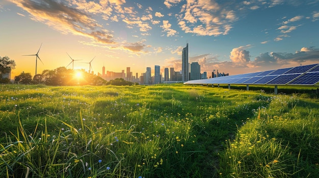 Фото Солнечные панели и ветряные турбины в зеленом поле недалеко от современного города концепция эко-города возобновляемая энергия