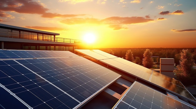 Solar panels are basked in the sunlight against a sunset sky