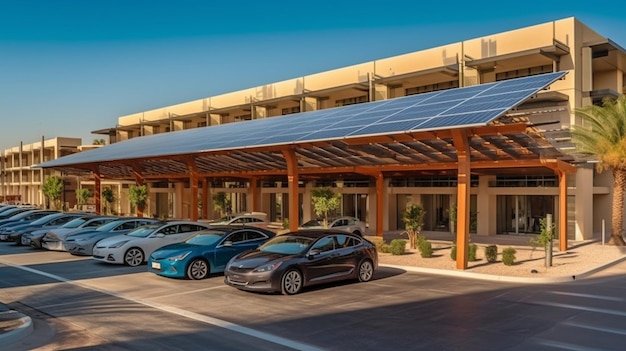 Solar panels are installed on a contemporary public parking structure to provide green energy and generative ai