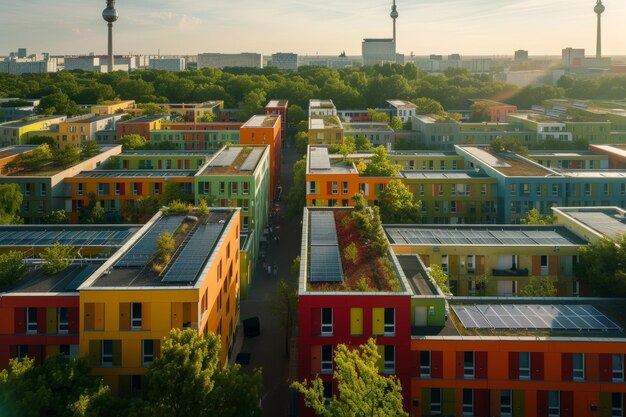 Photo solar panels are installed on large apartment buildings in residential neighborhoods